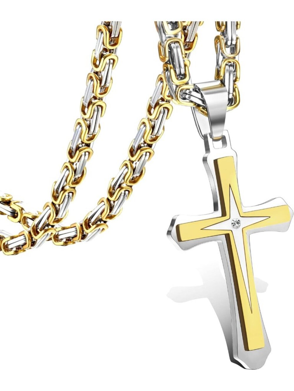 Stylish Black 14K Gold Plated Cross Necklace for Men, Stainless Steel Byzantine
